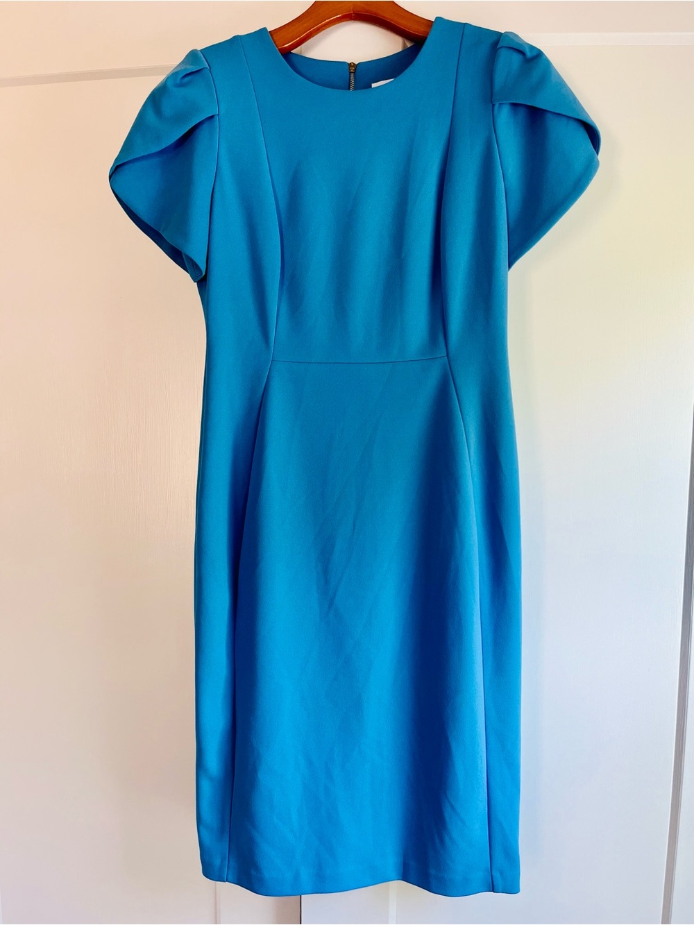 Calvin Klein Bright Teal Midi Dress with Structured Puff Sleeves